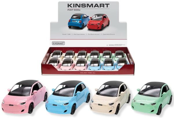 KINSMART – FIAT 500 E – Modellino cm12 c/porte apribili – c/pull-back and go In espo da 12pz (42x28cm) 4ass…x12…x48